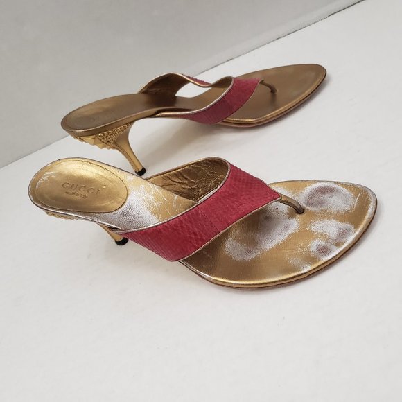 Gorgeous Gucci Runway Python Snakeskin Gold Kitten Heel Red Sandals 8.5 - Picture 8 of 16